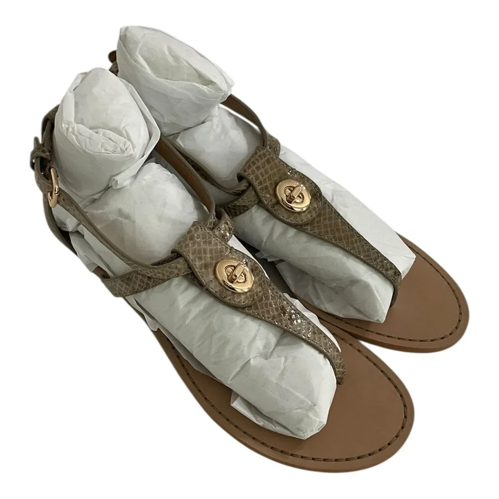 Women's Taupe T-Strap Sandals with Gold Accent
